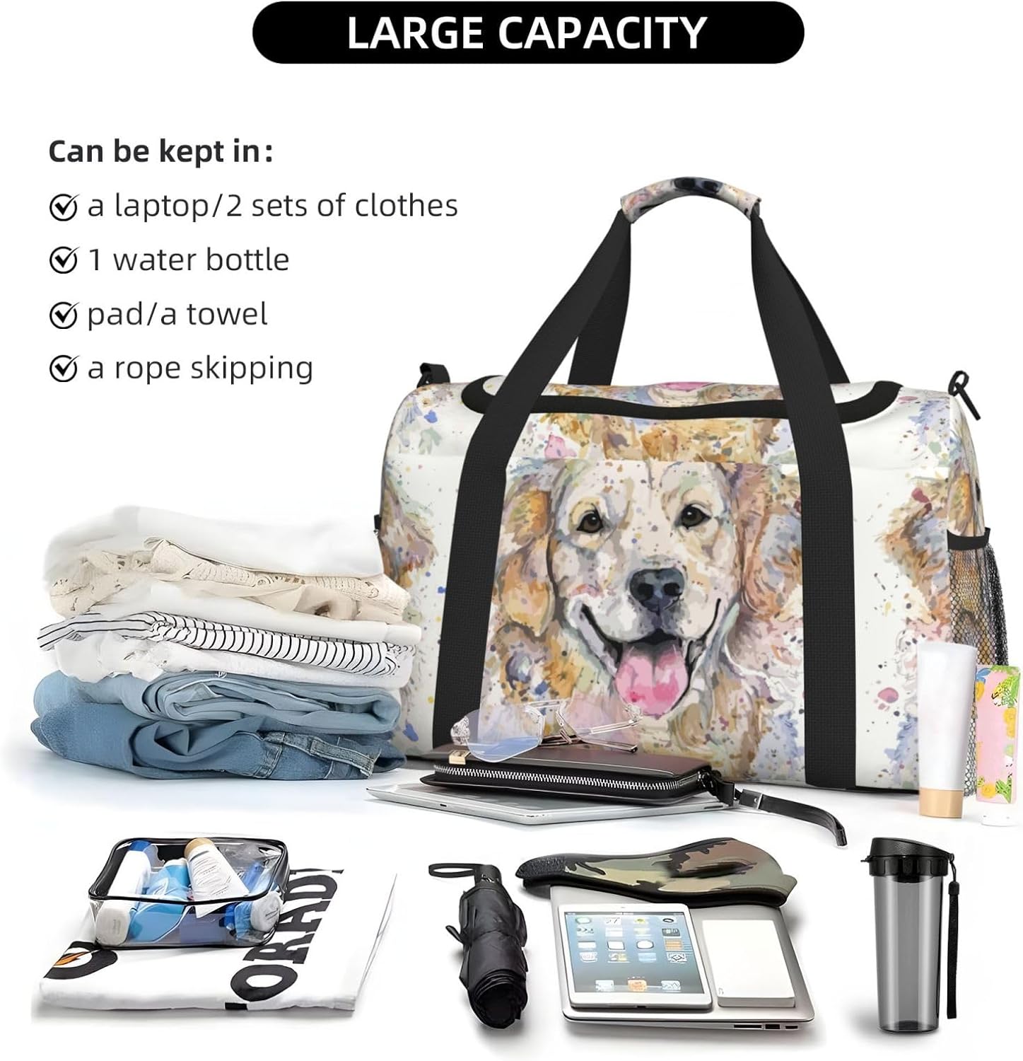 ゴールデンレトリバー 可愛い 動物柄 油絵 ボストンバッグ 旅行バッグ